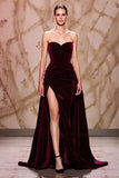 Dark Red A-Line Sweetheart Velvet Formal Dress with Slit