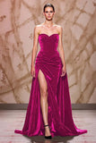 Dark Red A-Line Sweetheart Velvet Formal Dress with Slit