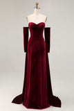 Dark Red A Line Sweetheart Long Velvet Dress with Long Sleeves