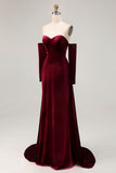 Dark Red A Line Sweetheart Long Velvet Dress with Long Sleeves