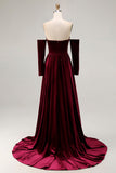 Dark Red A Line Sweetheart Long Velvet Dress with Long Sleeves