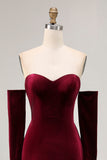 Dark Red A Line Sweetheart Long Velvet Dress with Long Sleeves