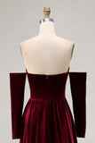 Dark Red A Line Sweetheart Long Velvet Dress with Long Sleeves