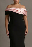 Black and Pink Off the Shoulder Mermaid Satin Long Plus Size Prom Dress