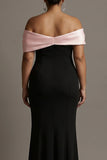 Black and Pink Off the Shoulder Mermaid Satin Long Plus Size Prom Dress