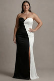 Black and White Colorblock Strapless Sheath Long Plus Size Formal Dress with Slit
