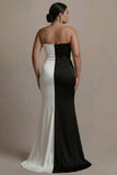 Black and White Colorblock Strapless Sheath Long Plus Size Formal Dress with Slit