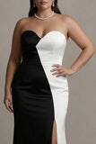 Black and White Colorblock Strapless Sheath Long Plus Size Formal Dress with Slit