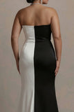 Black and White Colorblock Strapless Sheath Long Plus Size Formal Dress with Slit