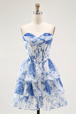 Strapless White Blue Flower A-Line Corset Mini Homecoming Dress with Ruffles