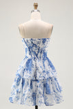 Strapless White Blue Flower A-Line Corset Mini Homecoming Dress with Ruffles