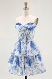 Strapless White Blue Flower A-Line Corset Mini Homecoming Dress with Ruffles