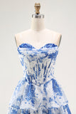 Strapless White Blue Flower A-Line Corset Mini Homecoming Dress with Ruffles