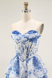 Strapless White Blue Flower A-Line Corset Mini Homecoming Dress with Ruffles