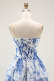 Strapless White Blue Flower A-Line Corset Mini Homecoming Dress with Ruffles