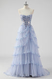 Lavender Strapless A Line Sequins Tulle Corset Long Prom Dress with Slit