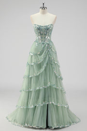 Sage Green A Line Strapless Sequins Corset Tulle Prom Dress with Slit