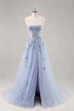 A Line Spaghetti Straps Sequins Tulle Corset Blue Long Prom Dress With Slit