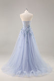 A Line Spaghetti Straps Sequins Tulle Corset Blue Long Prom Dress With Slit