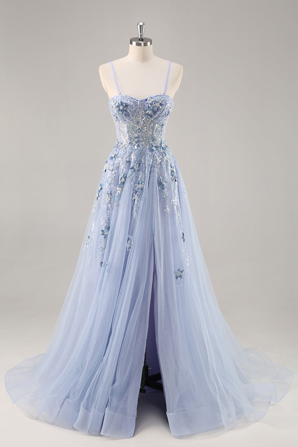 Wedtrend Women Blue Long Prom Dress With Slit A Line Spaghetti Straps Sequins Tulle Corset Formal Dress – WEDTREND