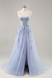 A Line Spaghetti Straps Sequins Tulle Corset Blue Long Prom Dress With Slit