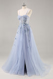 A Line Spaghetti Straps Sequins Tulle Corset Blue Long Prom Dress With Slit