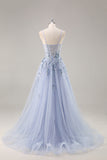 A Line Spaghetti Straps Sequins Tulle Corset Blue Long Prom Dress With Slit