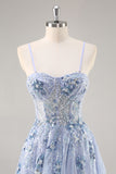 A Line Spaghetti Straps Sequins Tulle Corset Blue Long Prom Dress With Slit