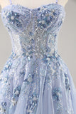 A Line Spaghetti Straps Sequins Tulle Corset Blue Long Prom Dress With Slit