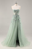 A Line Spaghetti Straps Sequins Tulle Corset Blue Long Prom Dress With Slit