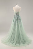 A Line Spaghetti Straps Sequins Tulle Corset Blue Long Prom Dress With Slit
