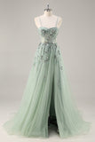 A Line Spaghetti Straps Sequins Tulle Corset Blue Long Prom Dress With Slit