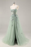 A Line Spaghetti Straps Sequins Tulle Corset Blue Long Prom Dress With Slit