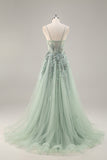 A Line Spaghetti Straps Sequins Tulle Corset Blue Long Prom Dress With Slit