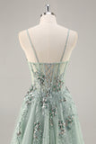 A Line Spaghetti Straps Sequins Tulle Corset Blue Long Prom Dress With Slit
