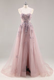 Grey Pink A Line Spaghetti Straps Sequins Tulle Corset Long Prom Dress With Slit