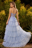 Lavender Strapless A Line Sequins Tulle Corset Long Prom Dress with Slit