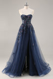 A Line Spaghetti Straps Sequins Tulle Corset Blue Long Prom Dress With Slit