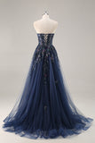 A Line Spaghetti Straps Sequins Tulle Corset Blue Long Prom Dress With Slit
