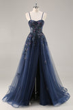 A Line Spaghetti Straps Sequins Tulle Corset Blue Long Prom Dress With Slit