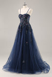 A Line Spaghetti Straps Sequins Tulle Corset Blue Long Prom Dress With Slit