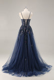 A Line Spaghetti Straps Sequins Tulle Corset Blue Long Prom Dress With Slit