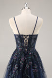 A Line Spaghetti Straps Sequins Tulle Corset Blue Long Prom Dress With Slit