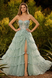 Lavender Strapless A Line Sequins Tulle Corset Long Prom Dress with Slit