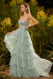 Lavender Strapless A Line Sequins Tulle Corset Long Prom Dress with Slit