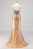 Gold Mermaid Spaghetti Straps Beaded Corset Prom Dress With Slit