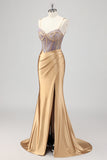 Gold Mermaid Spaghetti Straps Beaded Corset Prom Dress With Slit