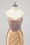 Gold Mermaid Spaghetti Straps Beaded Corset Prom Dress With Slit