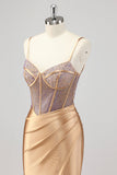 Gold Mermaid Spaghetti Straps Beaded Corset Prom Dress With Slit