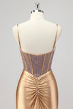 Gold Mermaid Spaghetti Straps Beaded Corset Prom Dress With Slit
